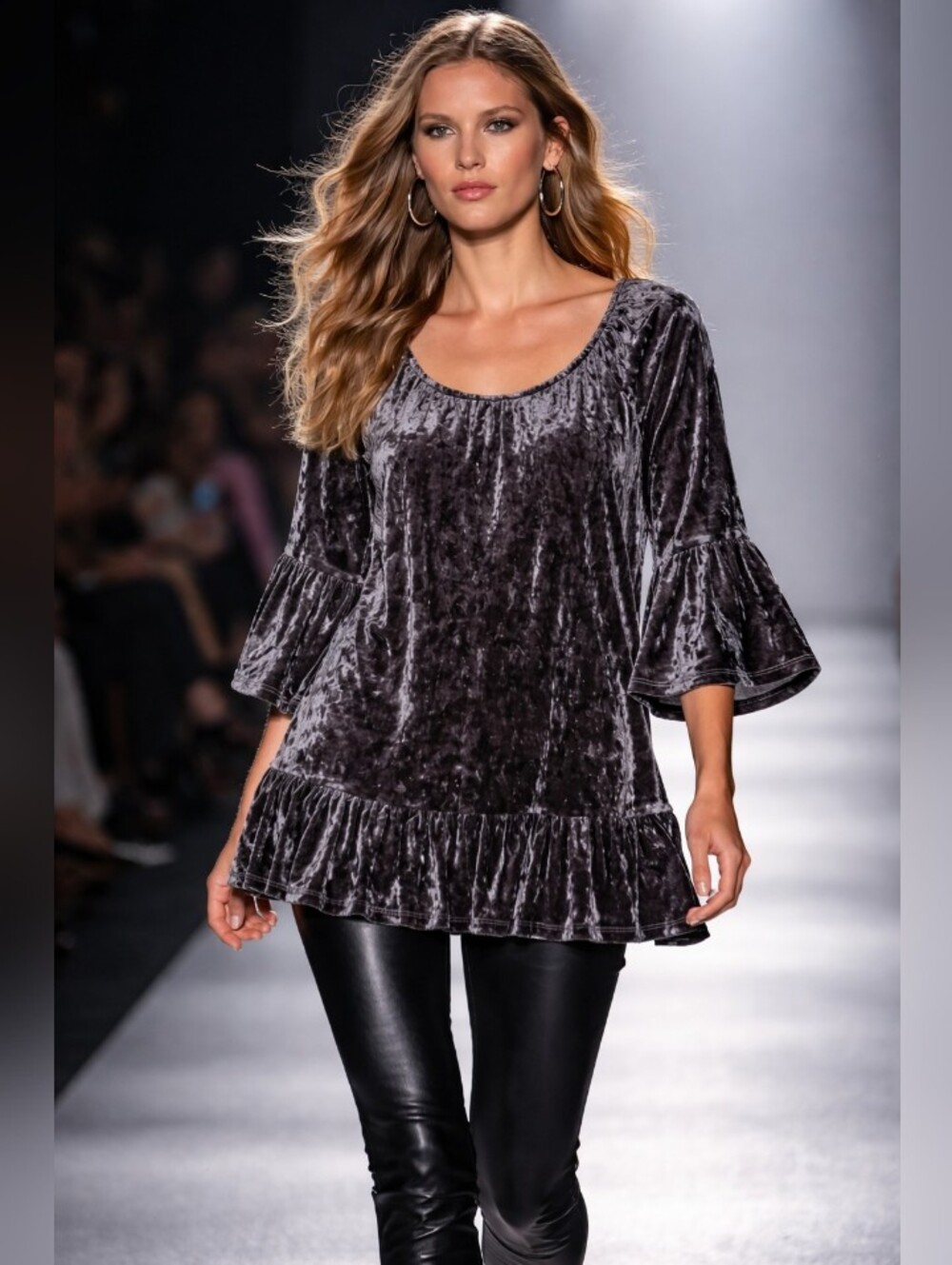 beachlunchlounge Crushed Velvet Ruffle-Hem Blouse - Gray